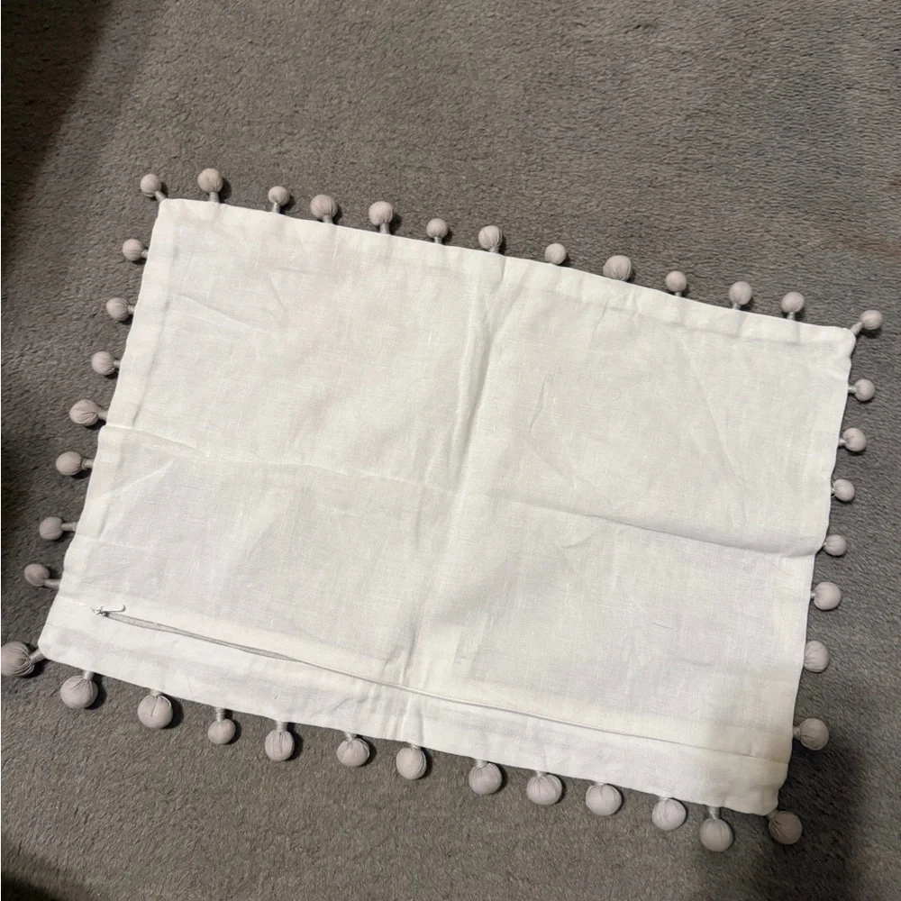 Embroidered White & Gray Decorative Pillow Cover Pom Pom Trim Animal Floral